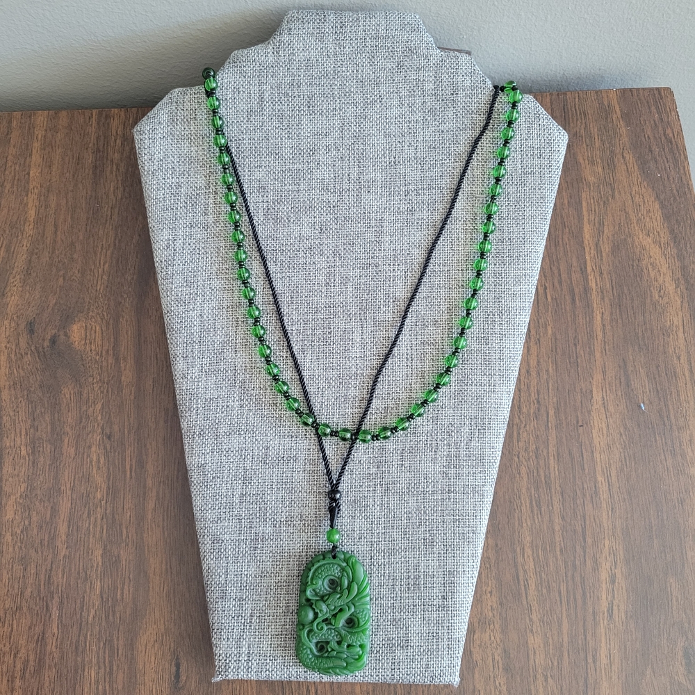 Elegant Green Carved Dragon Pendant Necklace Set of 2, Green Beaded Necklace